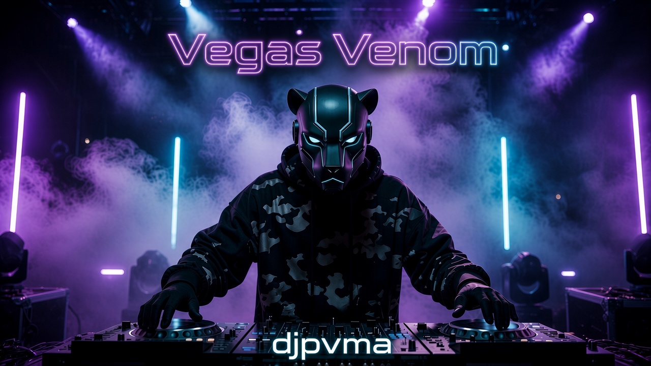 DJPVMA in a black camo hoodie and a black puma head styled mask with led lighting on a stage with the words saying Vegas Venom and also saying DJPVMA. Thanks for listening! Have a nice day. - d j p v m a